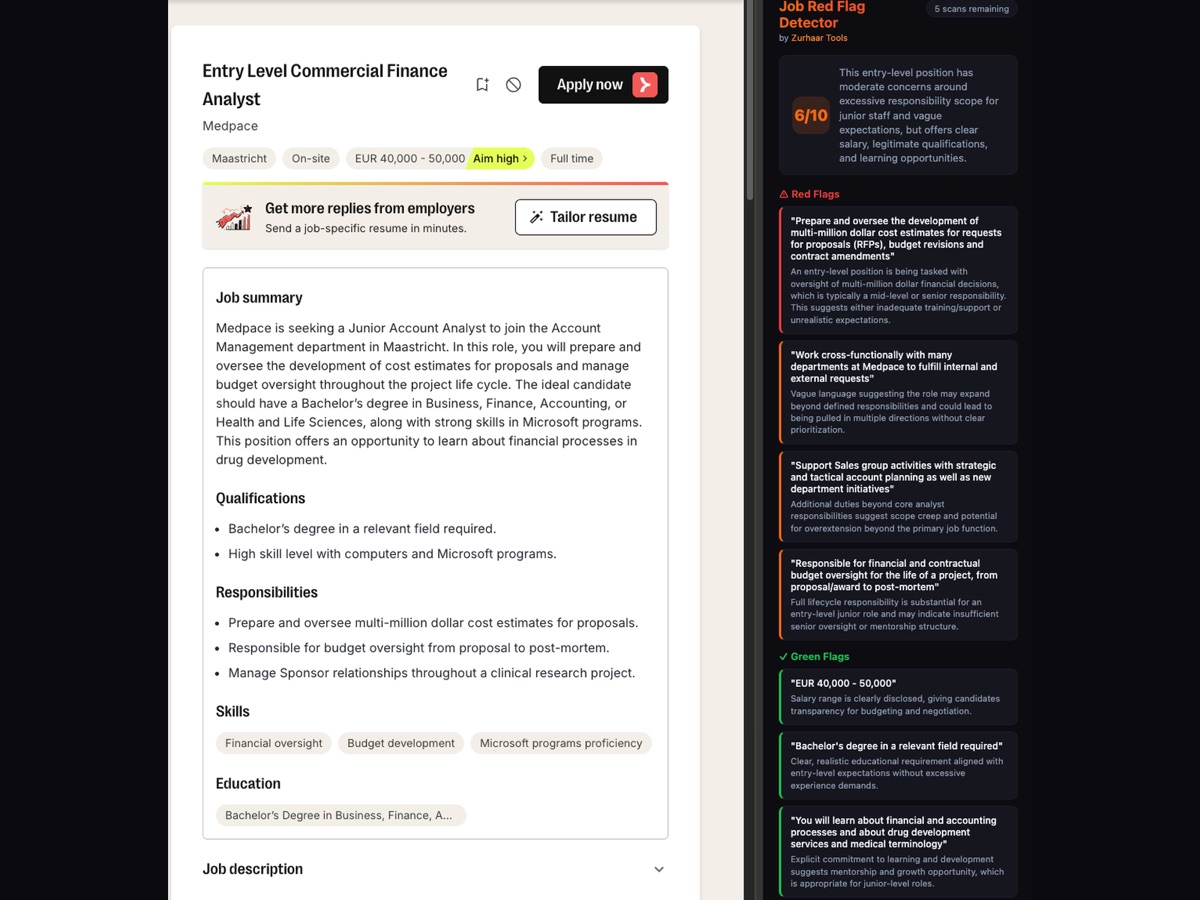 Scan results with score and red flags on a job board posting