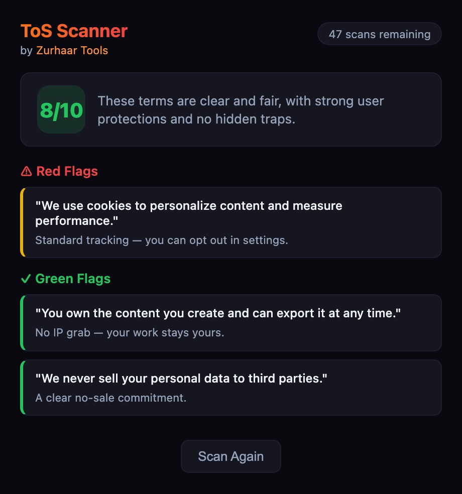 ToS Scanner side panel showing a fair 8 out of 10 score with green flags for data ownership and no data selling