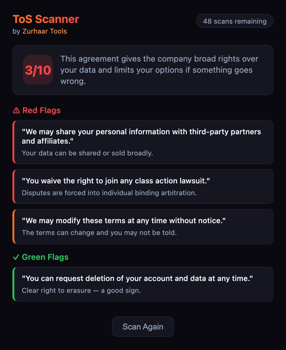 ToS Scanner side panel flagging data sharing, forced arbitration, and unilateral term changes with a 3 out of 10 fairness score